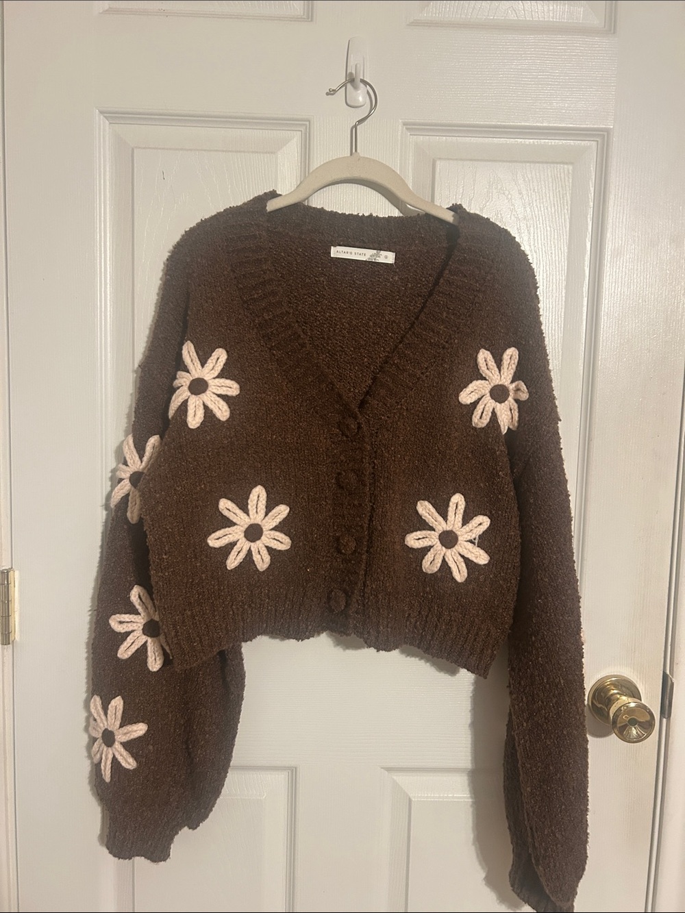 Altar'd State Brown Cropped Cardigan with Cream Daisy Appliqués
